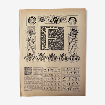 Lithographie gravure alphabet lettre F de 1897