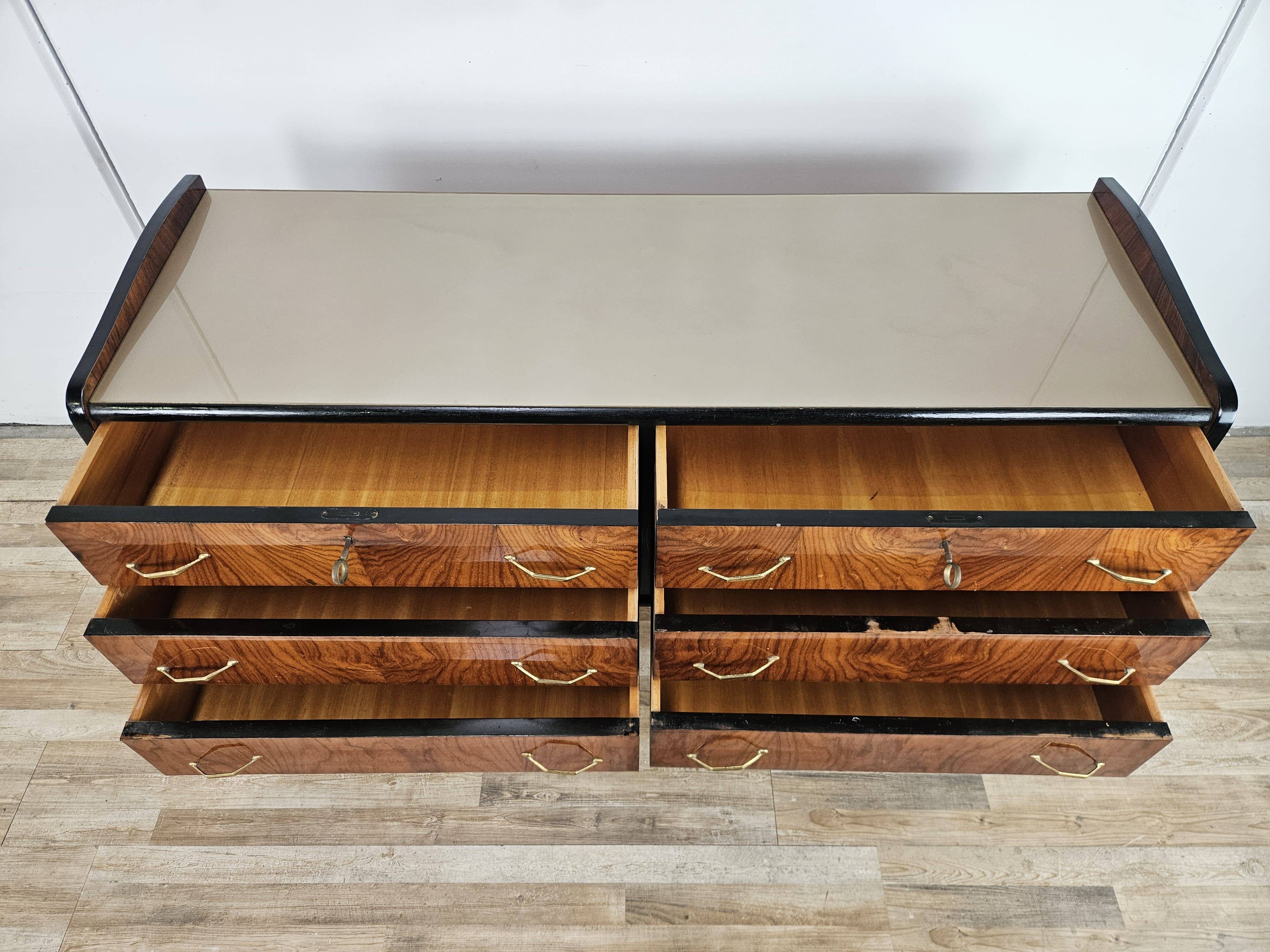 1950s six-drawer chest of drawers with glass top