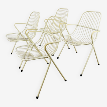 4 chaises fil d'acier années 50 par Stella, métal blanc