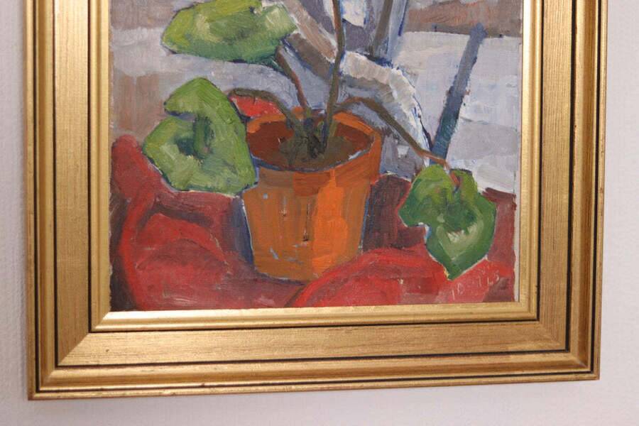 Original Swedish oil on canvas – “Winter Cyclamen” by Majken Bergvin (1922–2012) – 1965 – vintage & framed – 62 × 43 cm
