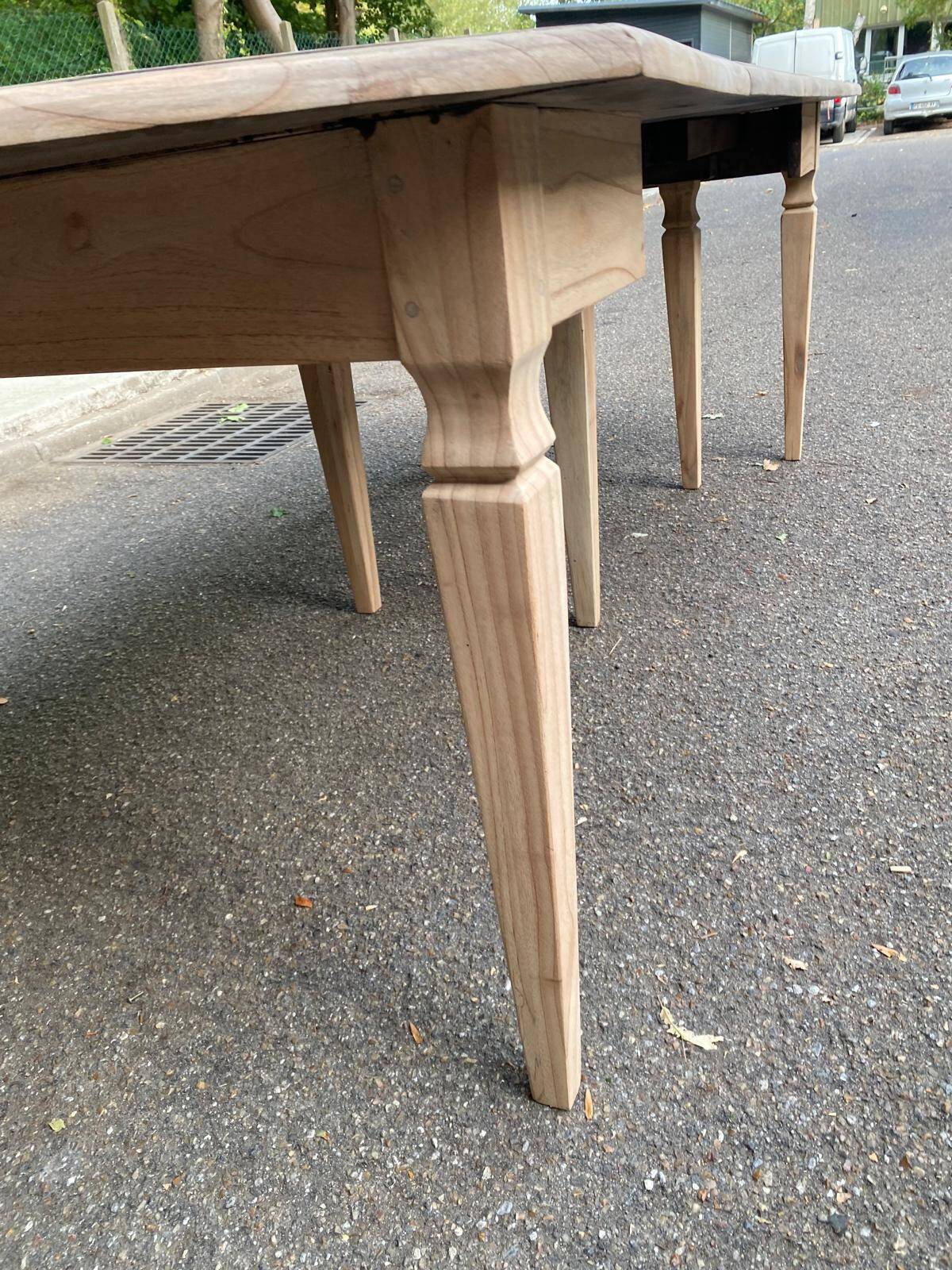 Renovated square extendable dining table in raw solid cherry wood, Louis XVI style.