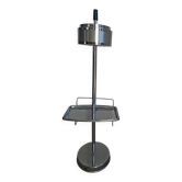 Vintage chrome metal floor ashtray with integrated tray.