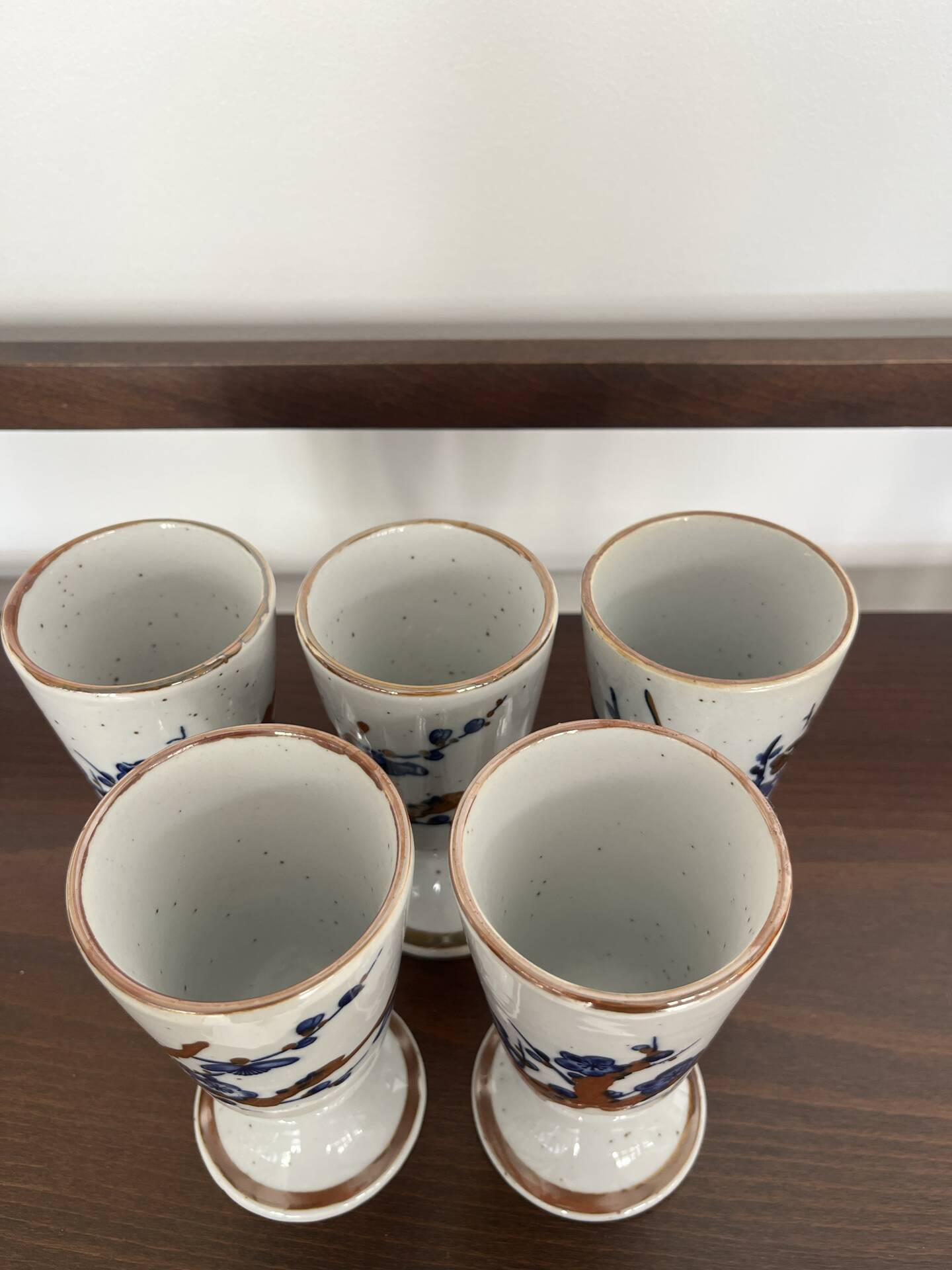 Set of 5 blue stoneware mazagrans "cherry blossom".