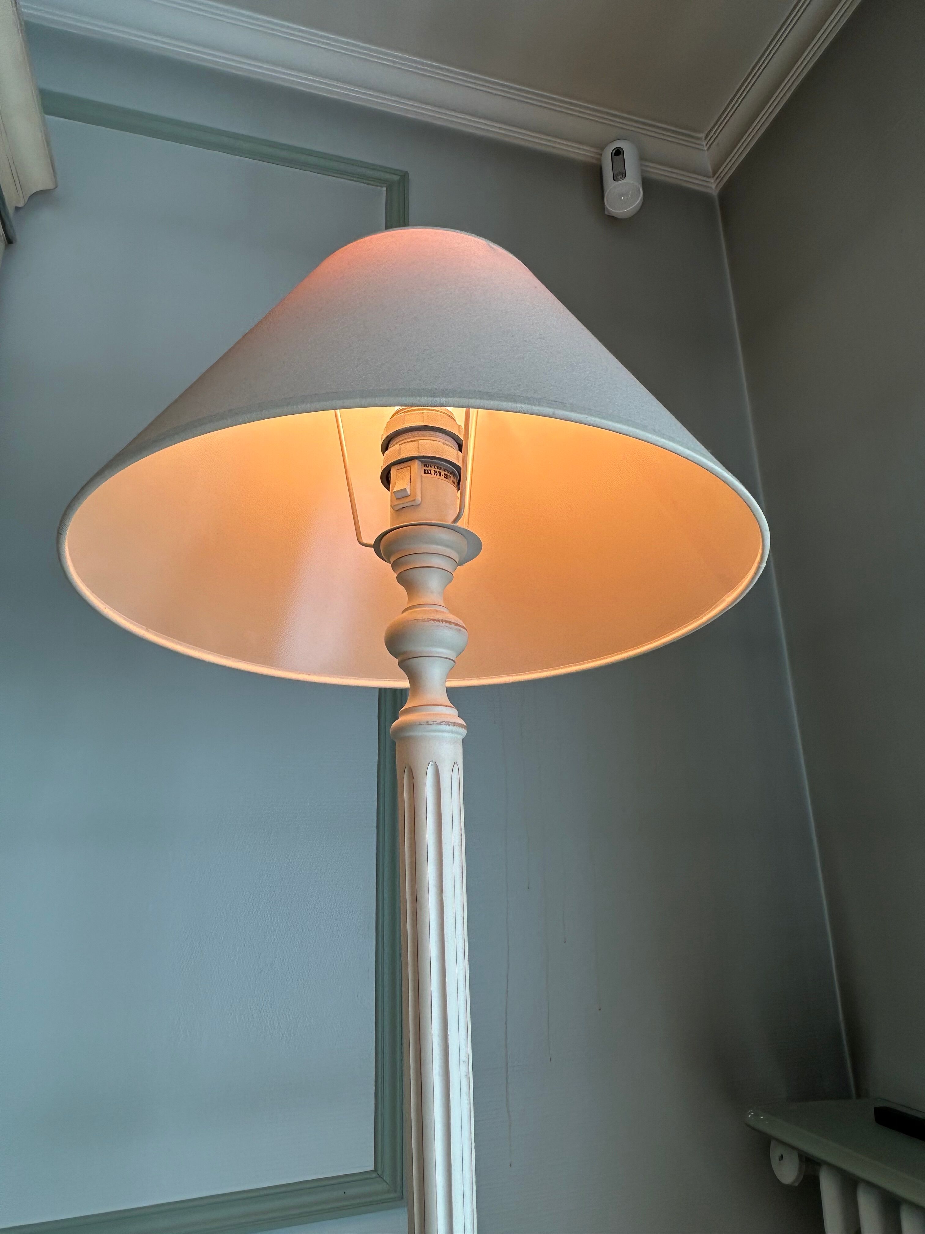 Roche Bobois table lamp, bleached wooden foot, ivory fabric lampshade