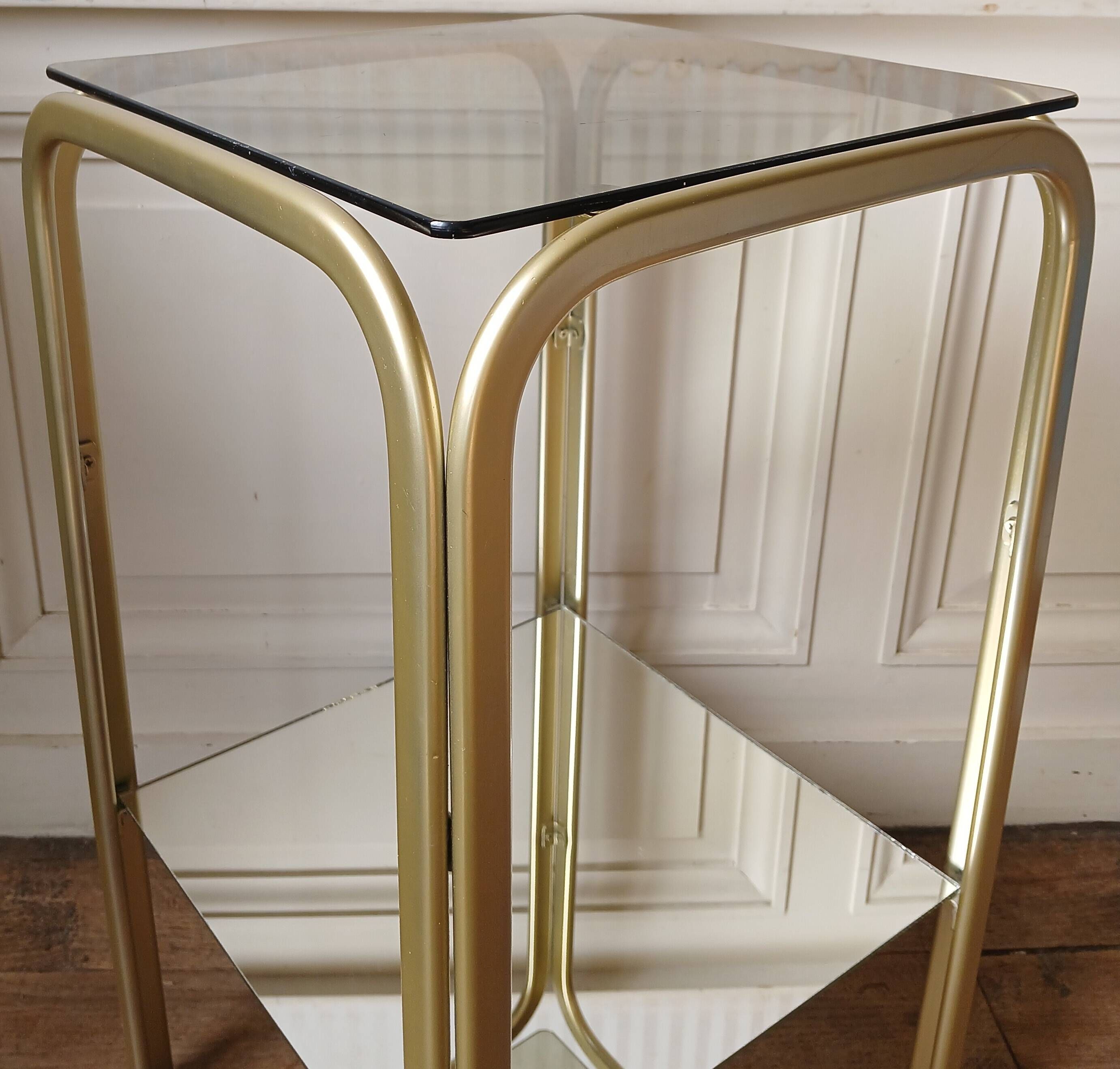 Bolster side table in gold metal, smoked glass & mirror Hollywood Regency 80's