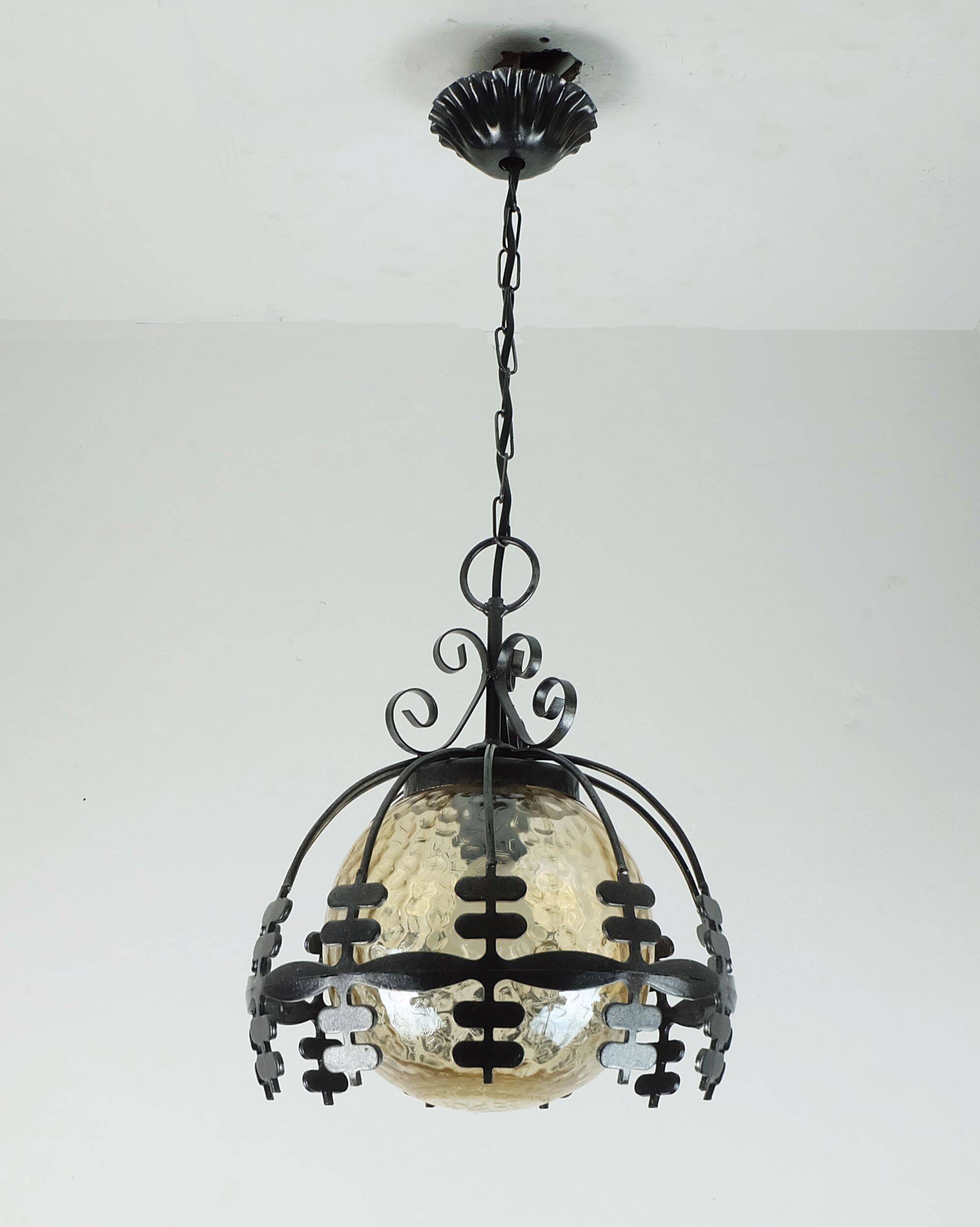 1970s Amber Glass Pendant Light with Iron Frame - 2 Available