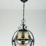 1970s Amber Glass Pendant Light with Iron Frame - 2 Available