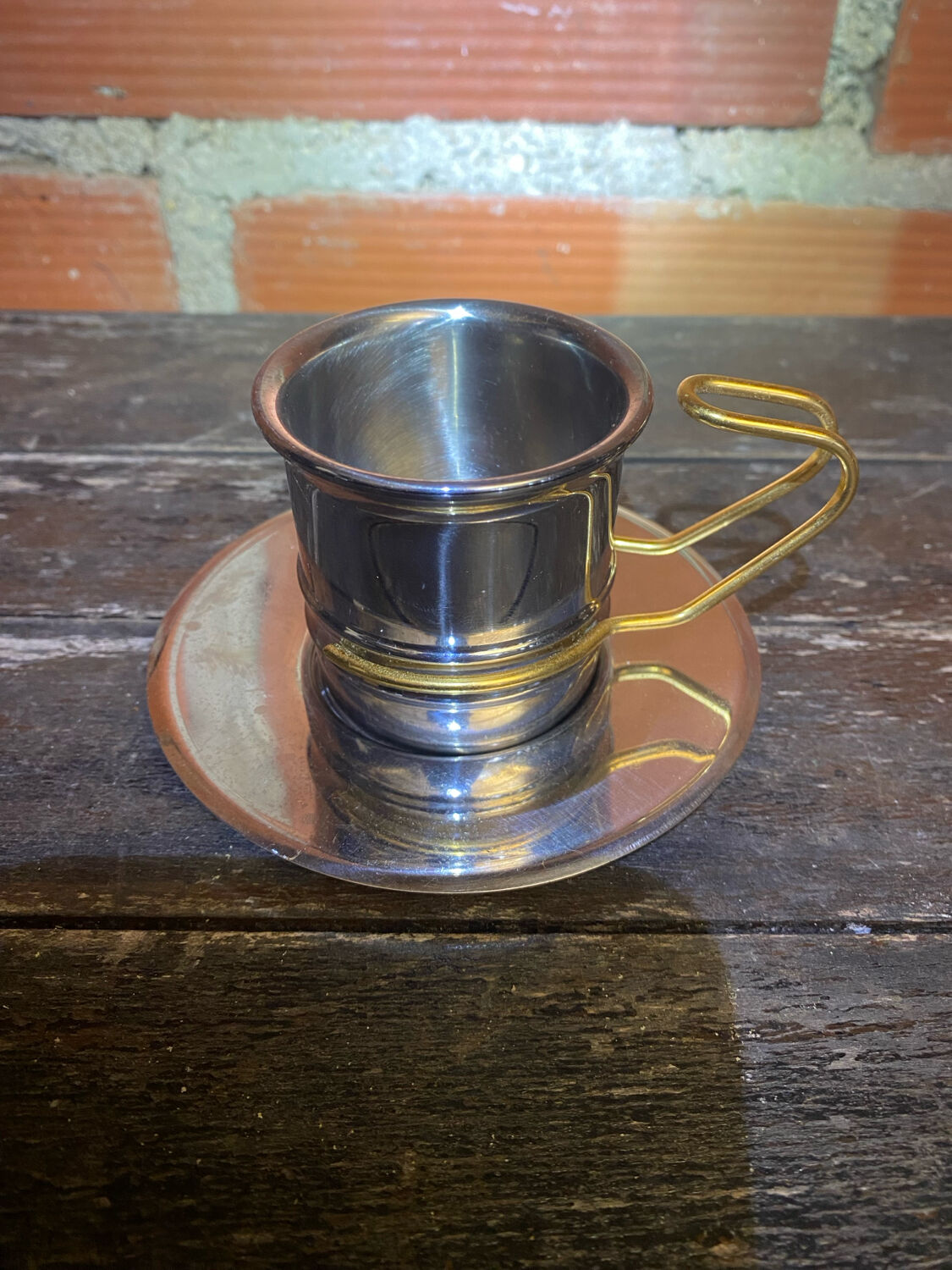Old Pair of Stainless Steel Cup + Golden Metal Handle Made in ITALY Vintage #D46