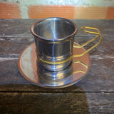 Old Pair of Stainless Steel Cup + Golden Metal Handle Made in ITALY Vintage #D46