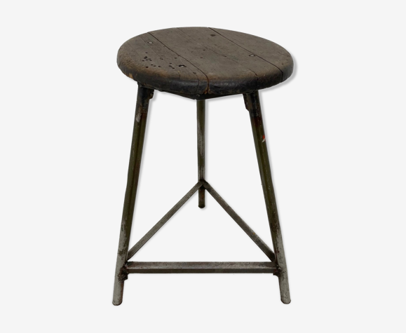 Tabouret industriel en fer et en bois, années 1950