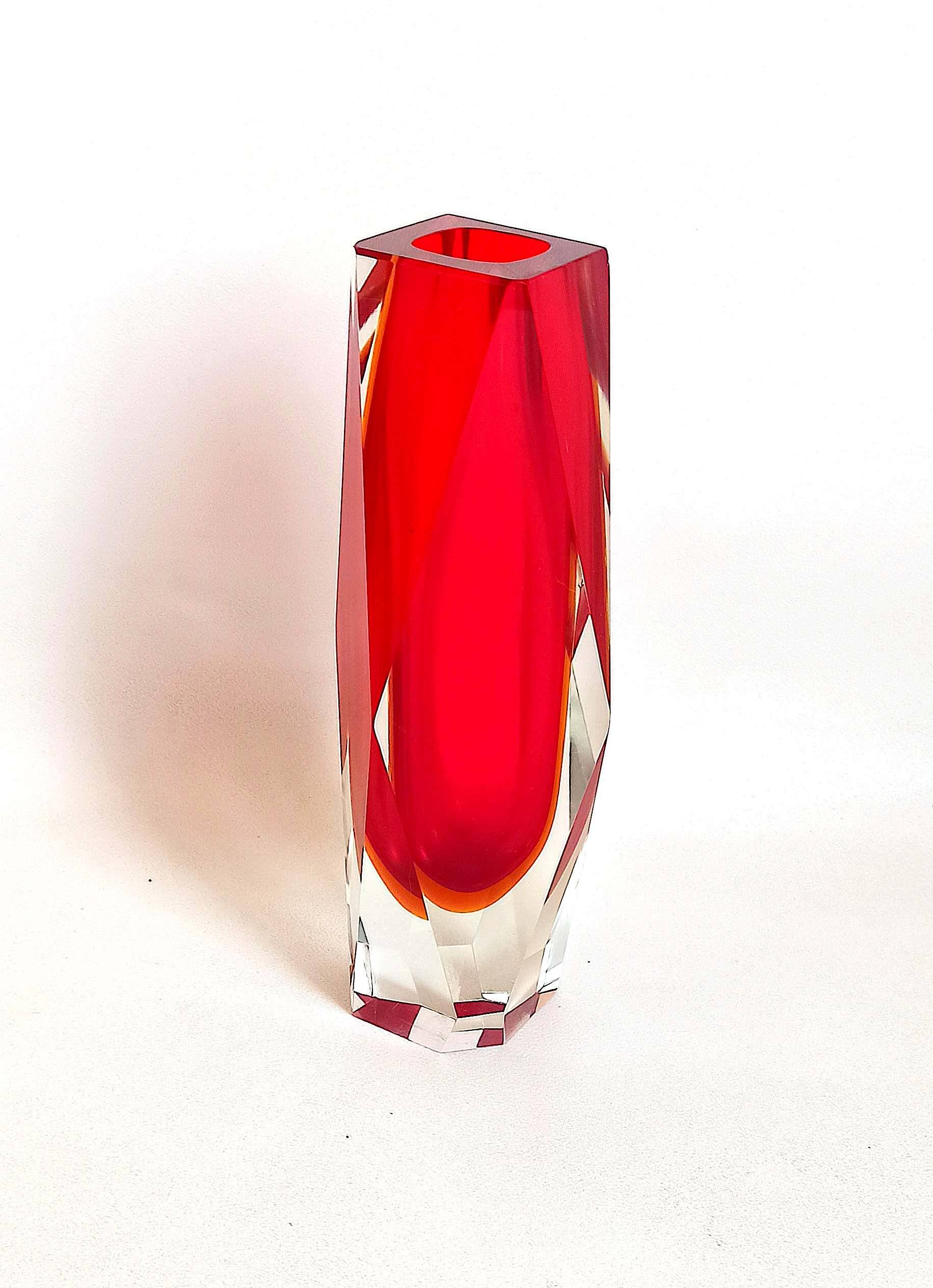 Bright red Murano Sommerso faceted vase 1960s Height 30 cm