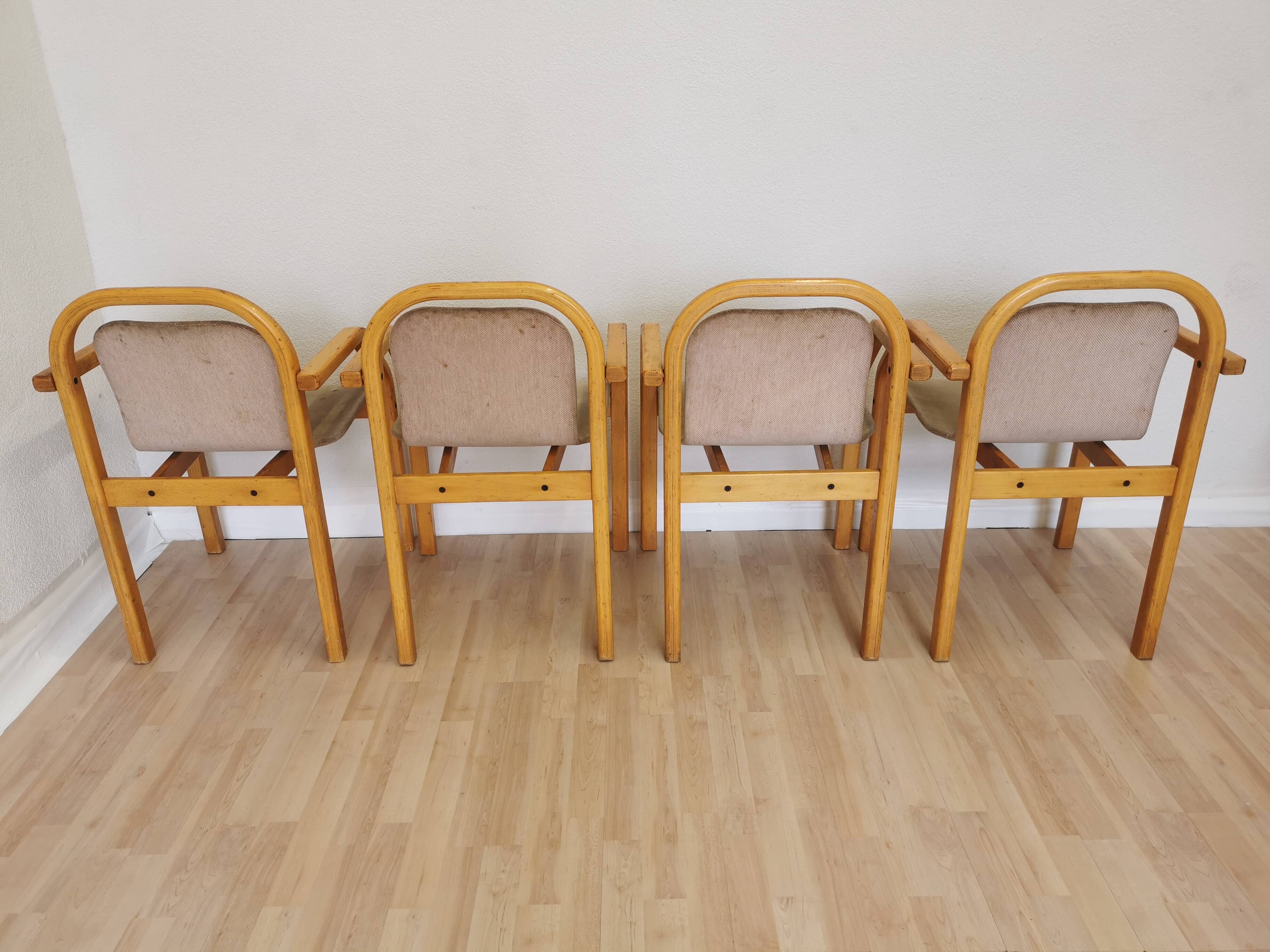 Set of 4 Vintage Beech Wood Dining Chairs: 1970s Space Age Gray Fabric