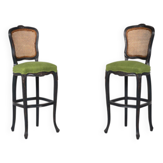 Contemporary Pair of Bar Stools Louis XV Style, Green Fabric, Belgium