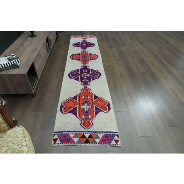 1970s Vintage Turkish Oushak Handmade Wool Cotton White Runner Rug 75x336
