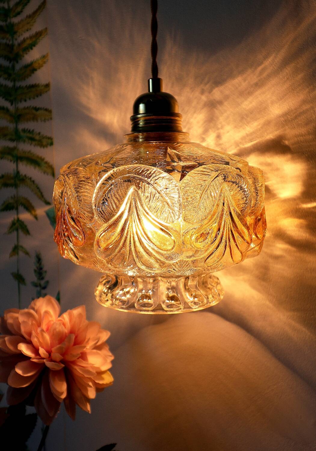 Vintage amber cut glass suspension – retro bohemian lamp
