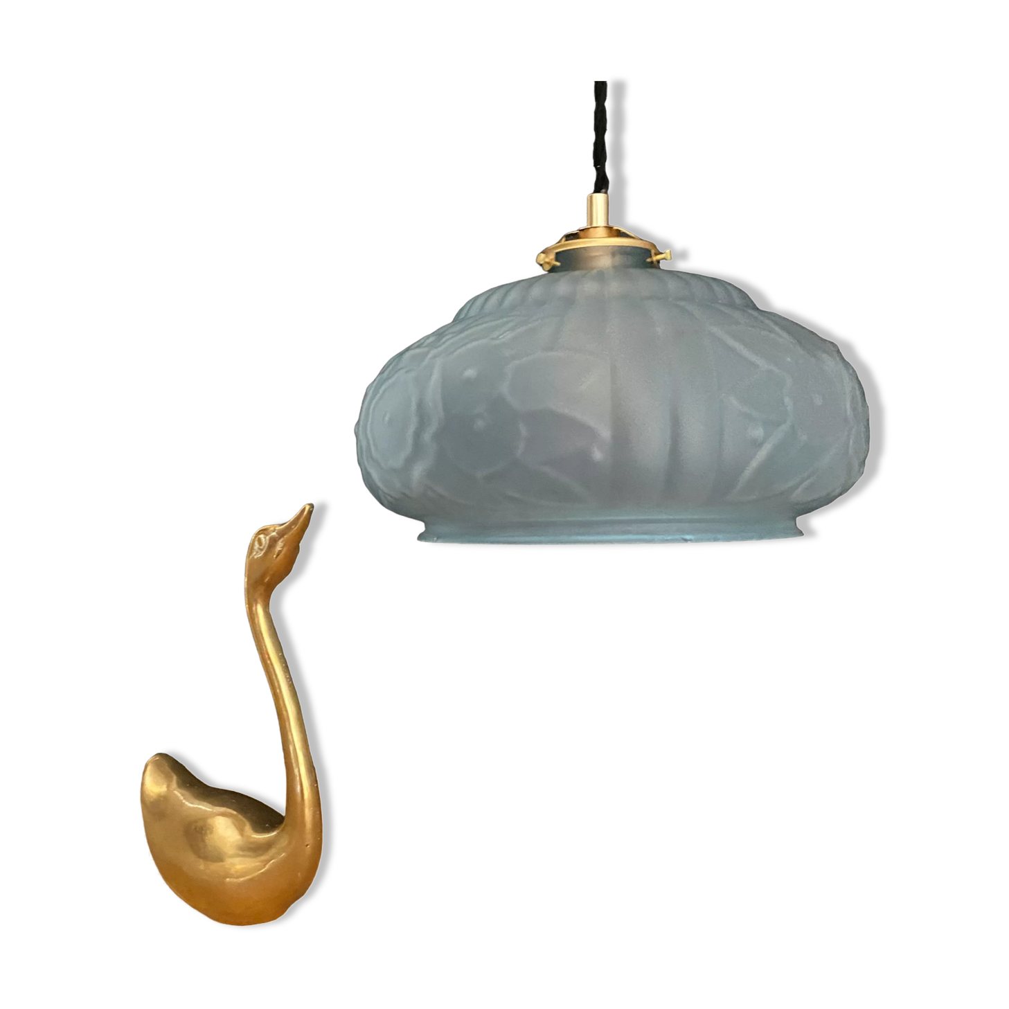 Vintage art deco lampshade pendant lamp in blue frosted glass