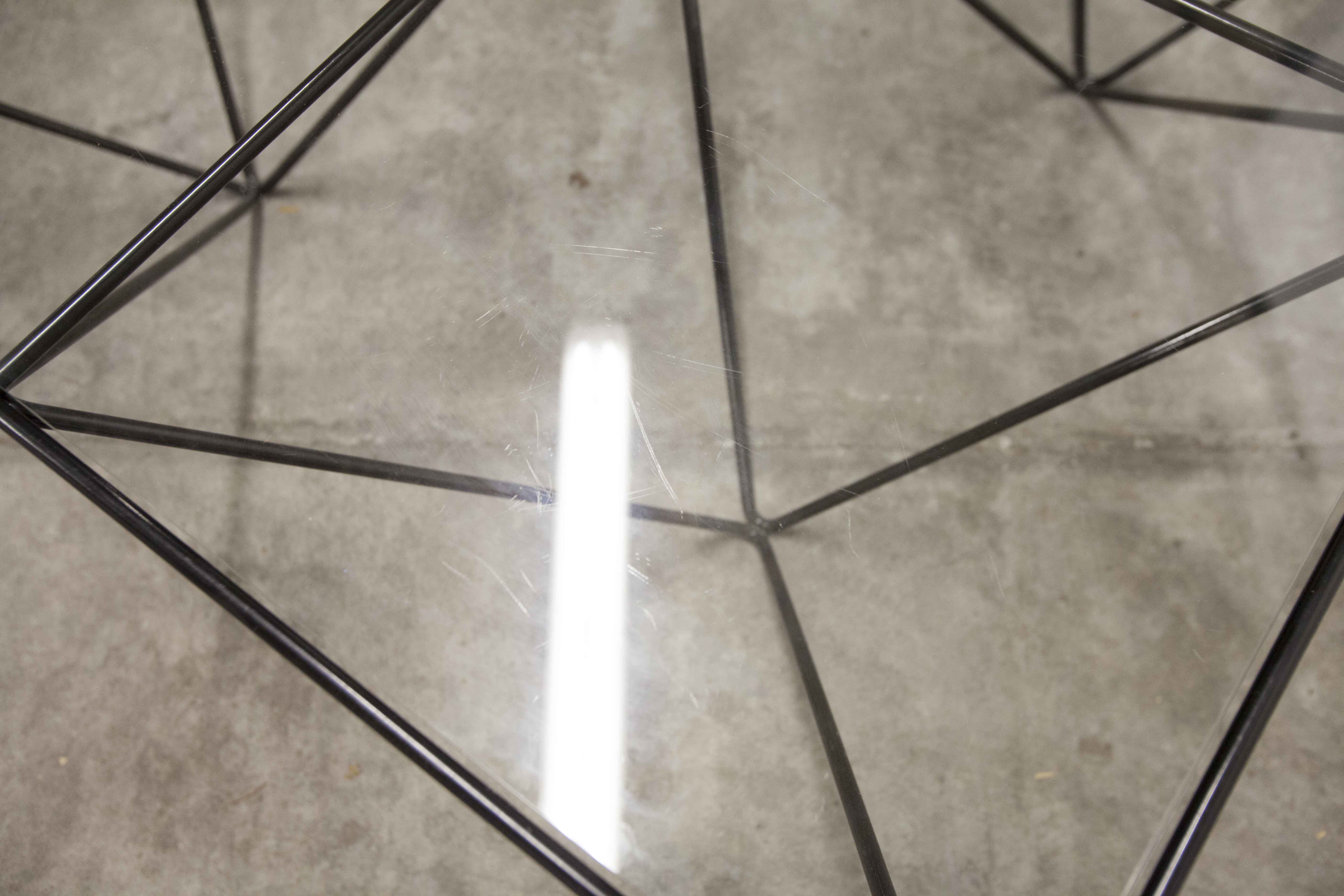 Square coffee table in glass and black satin metal 1980