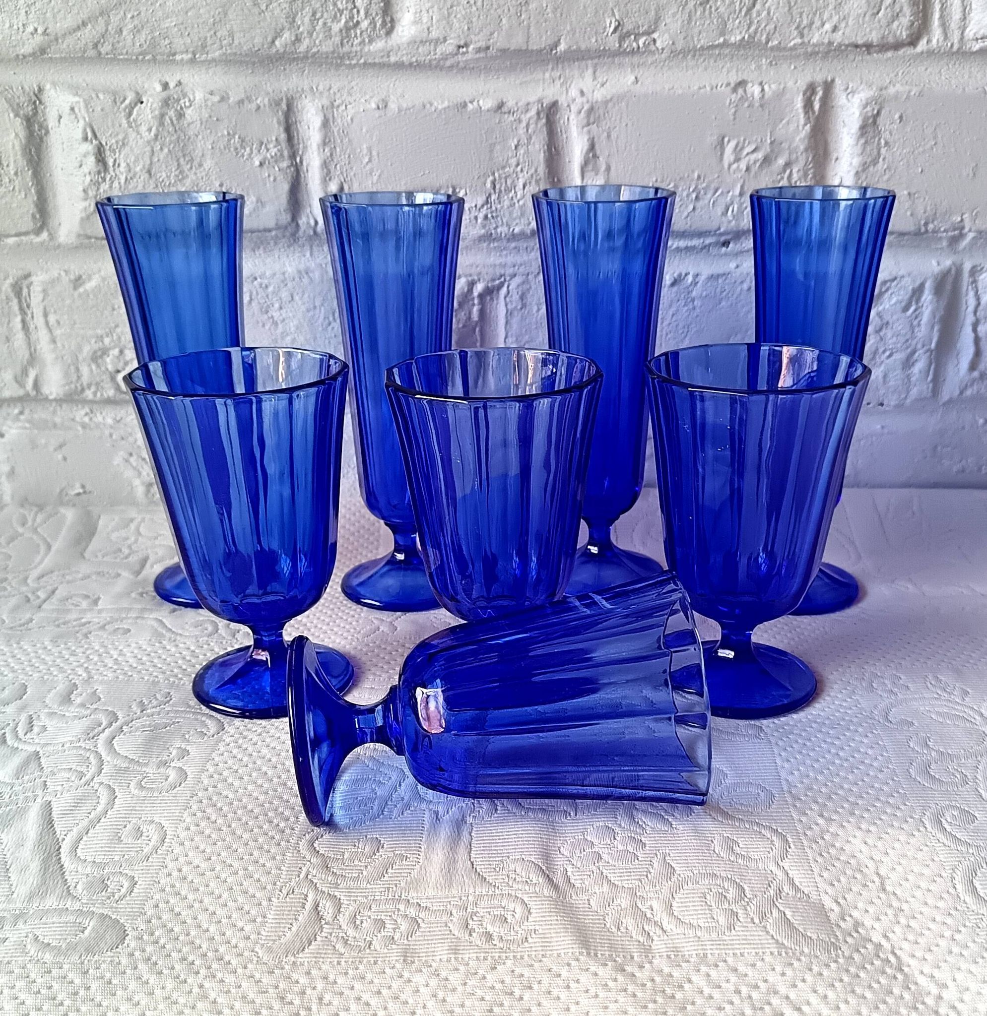 8 vintage aperitif glasses in cobalt blue coloured glass from Portugal.