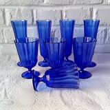 8 vintage aperitif glasses in cobalt blue coloured glass from Portugal.