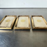 Set of 3 vintage identical gold colored metal picture frames convex glass