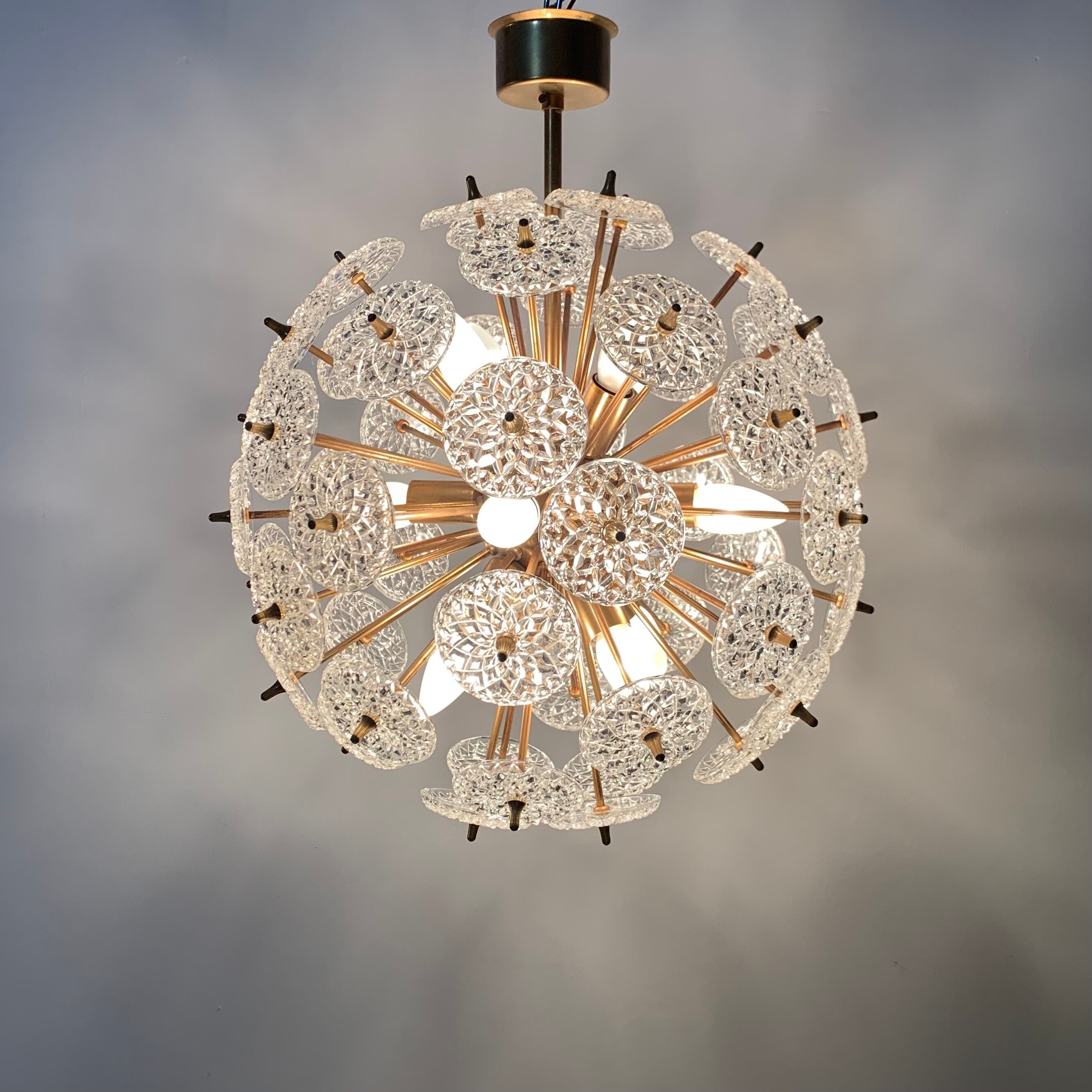 Val Saint Lambert crystal sputnik gold chandelier , 1960’s
