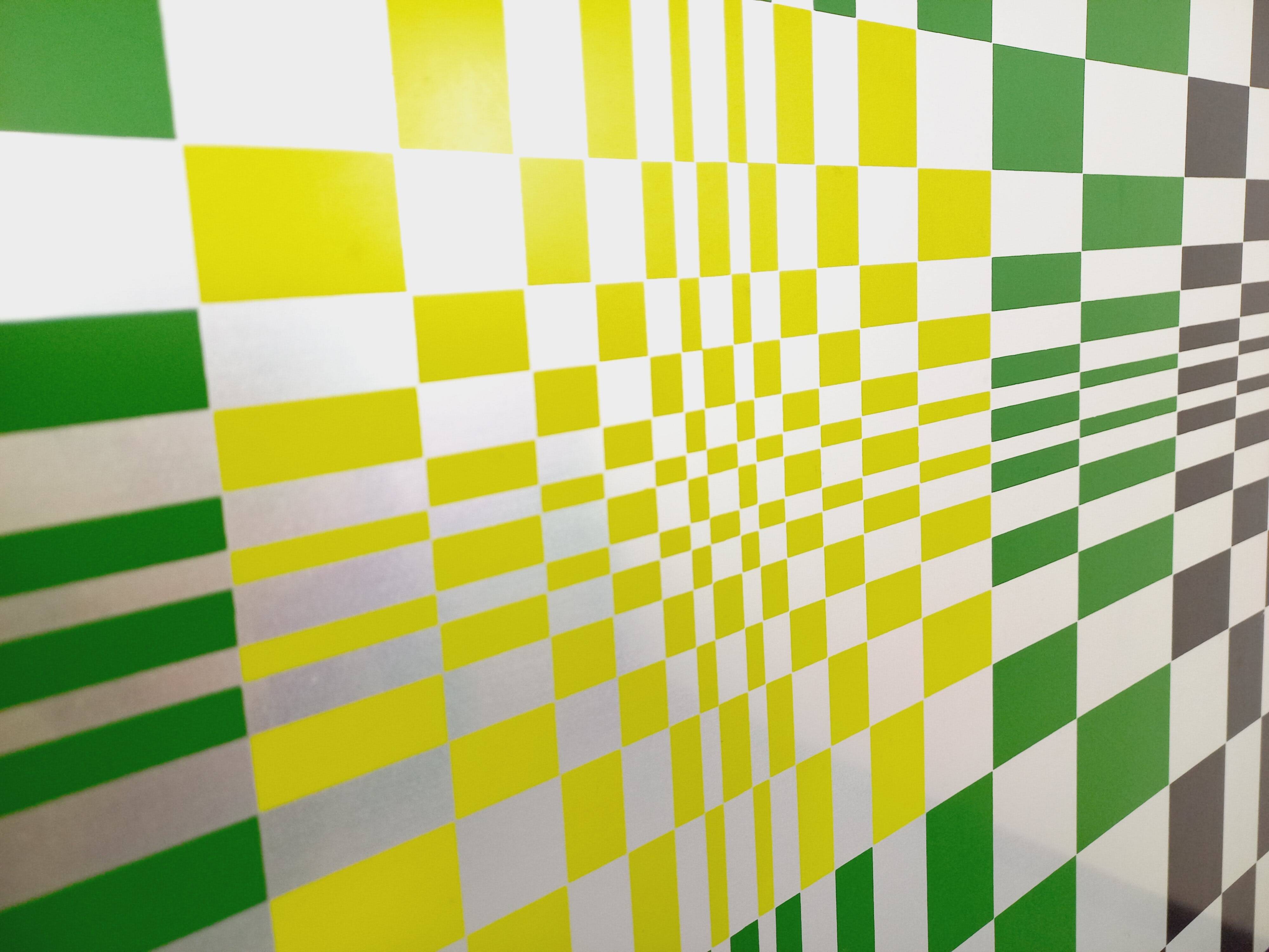 Typical silkscreen painting in kinetic checkerboard on aluminum, Italian abstract design in Vasarely style
