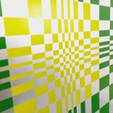 Typical silkscreen painting in kinetic checkerboard on aluminum, Italian abstract design in Vasarely style