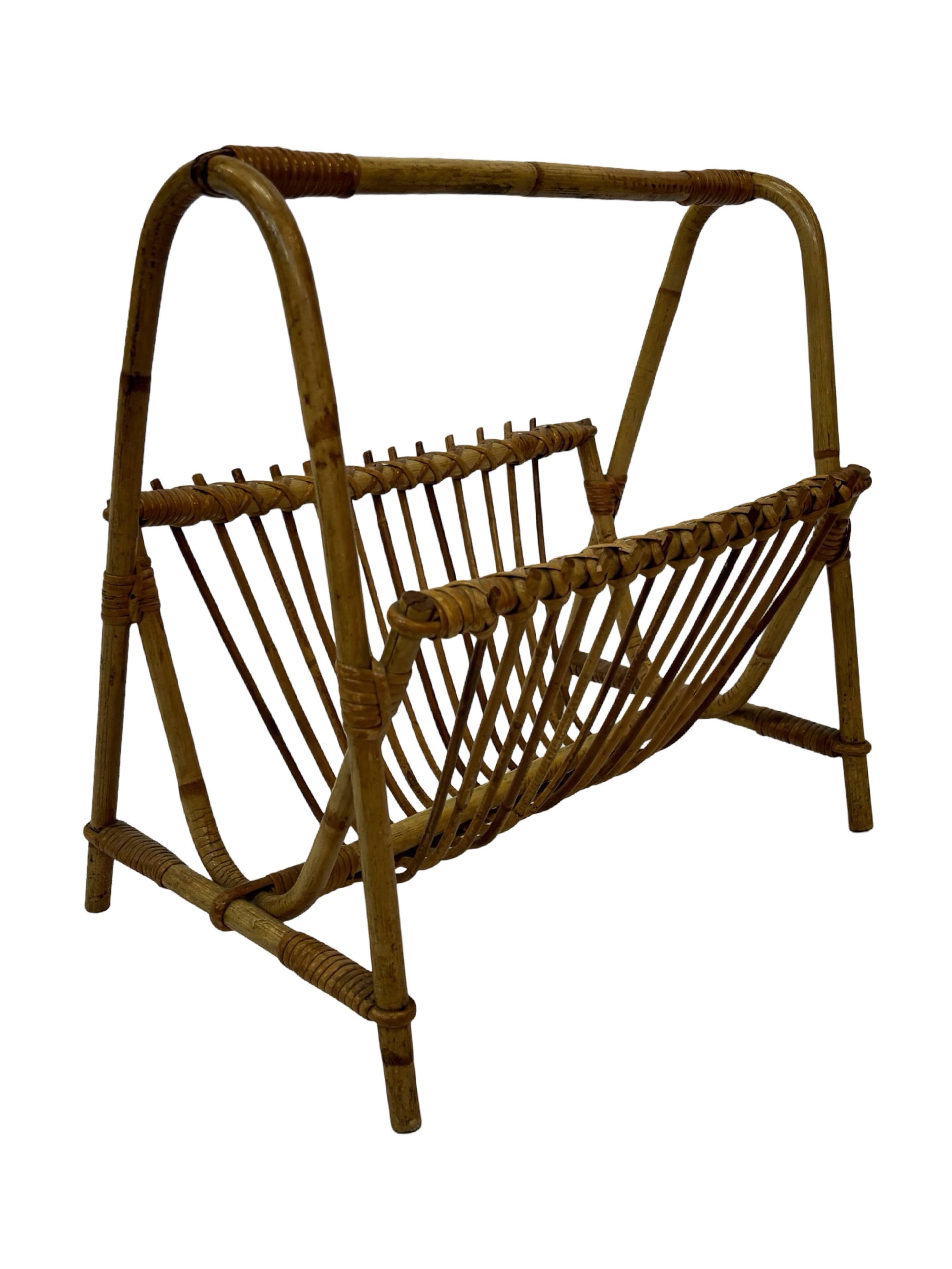 Vintage Rattan Magazine Basket Newspaper Rack 60s Rohe