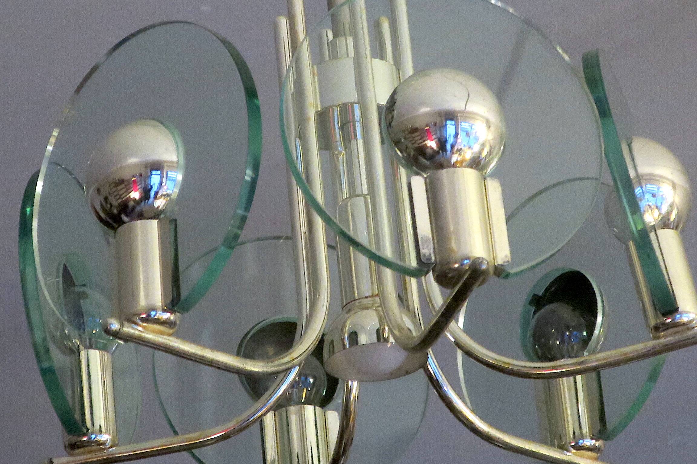 Italian silver plated chandelier with 6 crystal glass discs, 1960s
