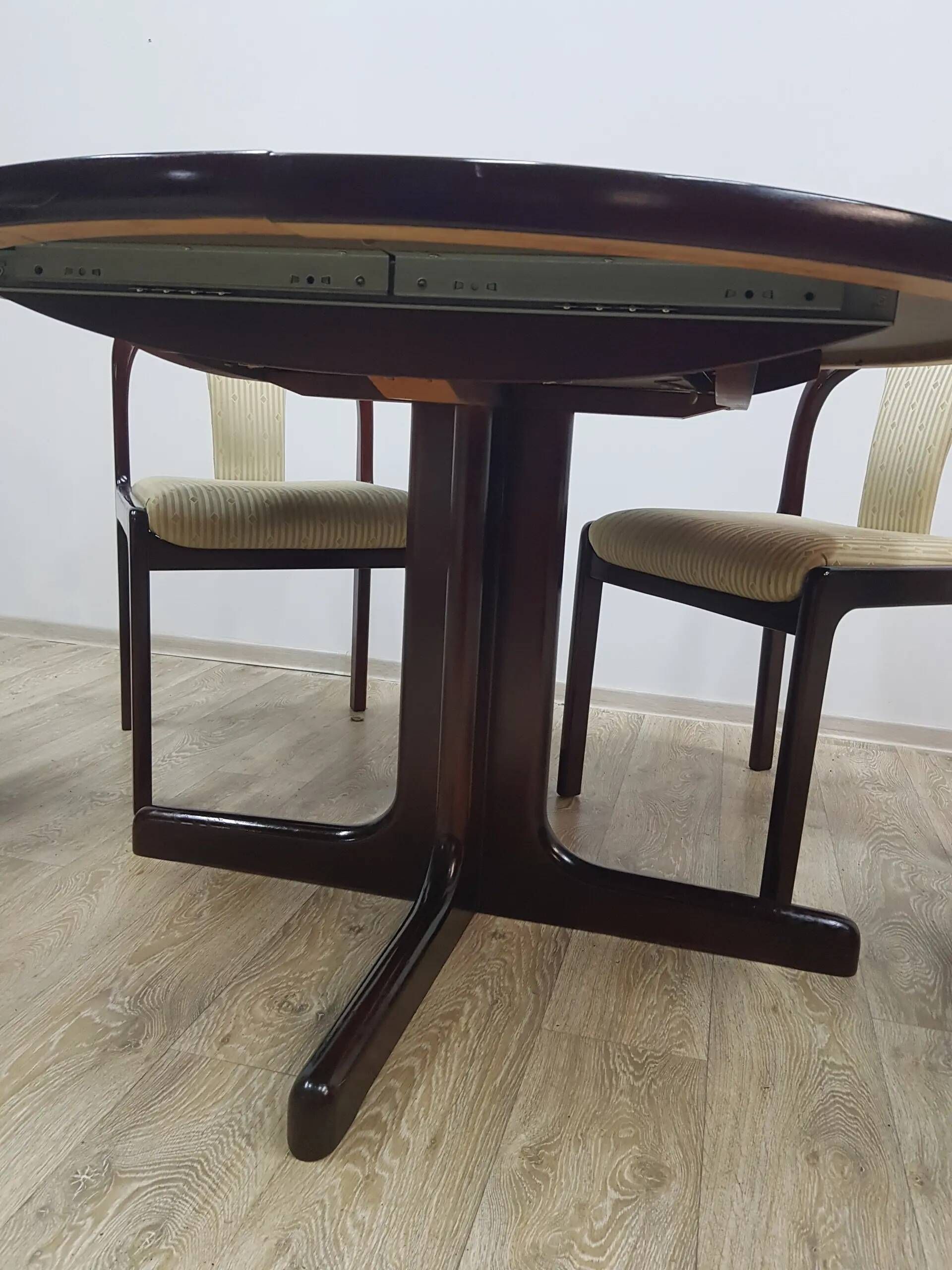 Dining set, brown mahogany, beige fabric, Lübke, Germany, 1960s.