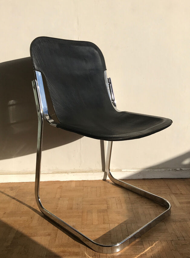 Set of 6 chairs in chrome metal and black leather - 1970