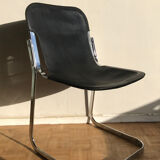 Set of 6 chairs in chrome metal and black leather - 1970