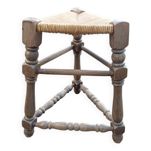 Tabouret tripode bois et paille style neo basque — Beyit