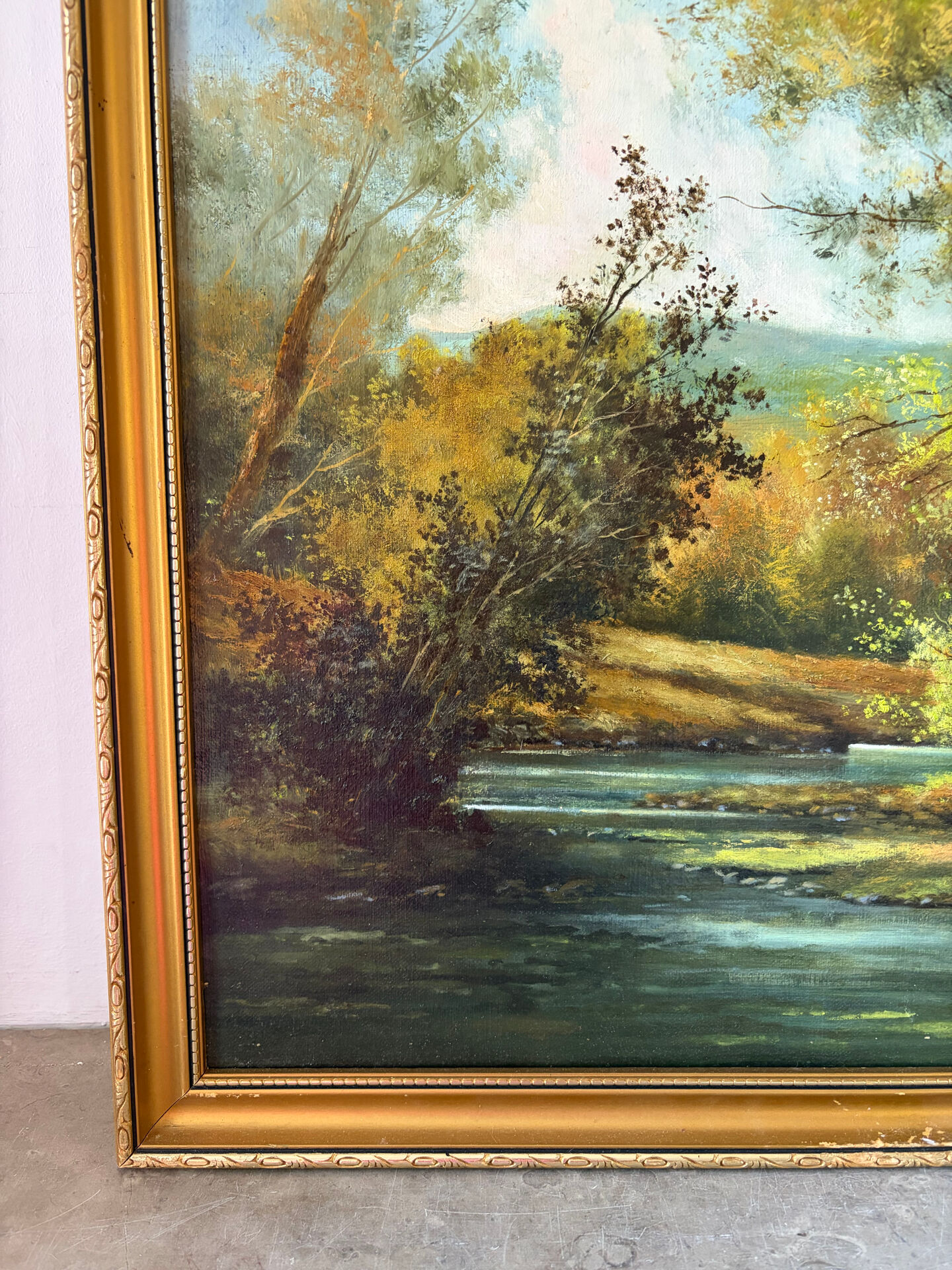 Balade au bord de la rivière, huile sur toile
