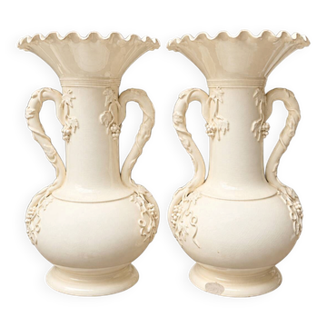 Pair of fine cream earthenware vases from Langeais, decorated with vine.