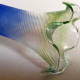 Vase en verre soufflé effet givré bleu et vert vintage