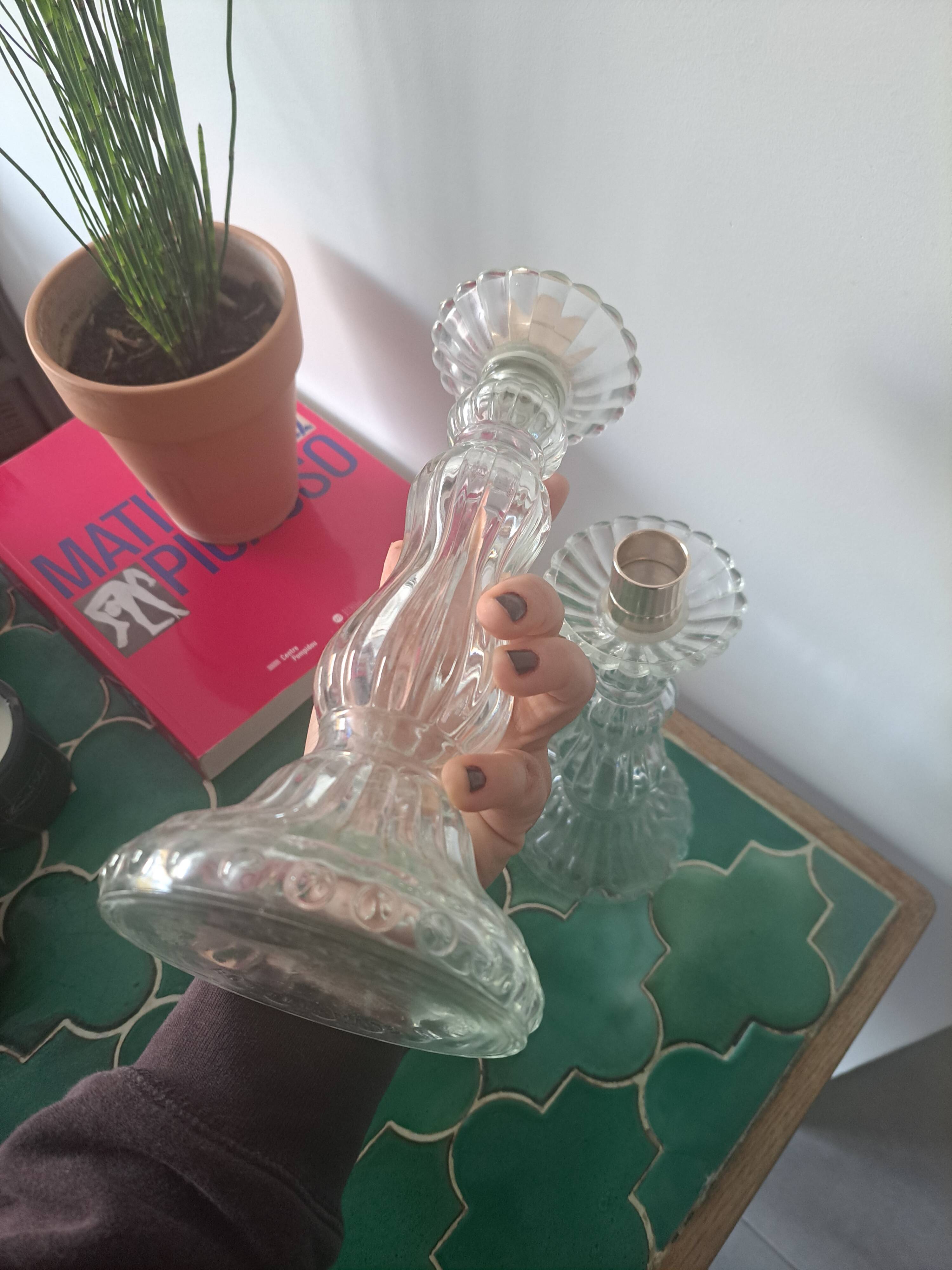 Pair of Roger Gallet glass candle holders