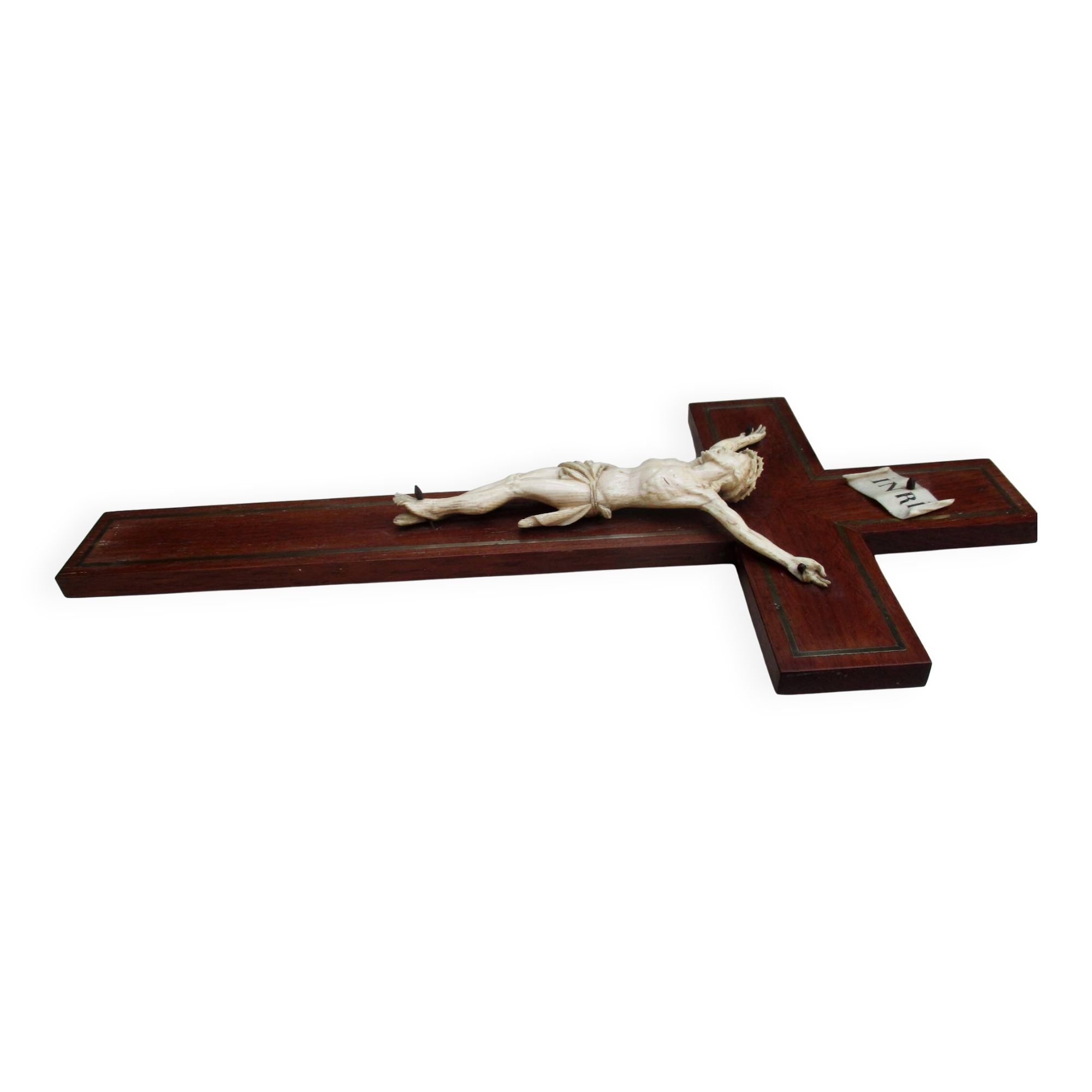 Crucifix 19th century wood brass - carved Christ