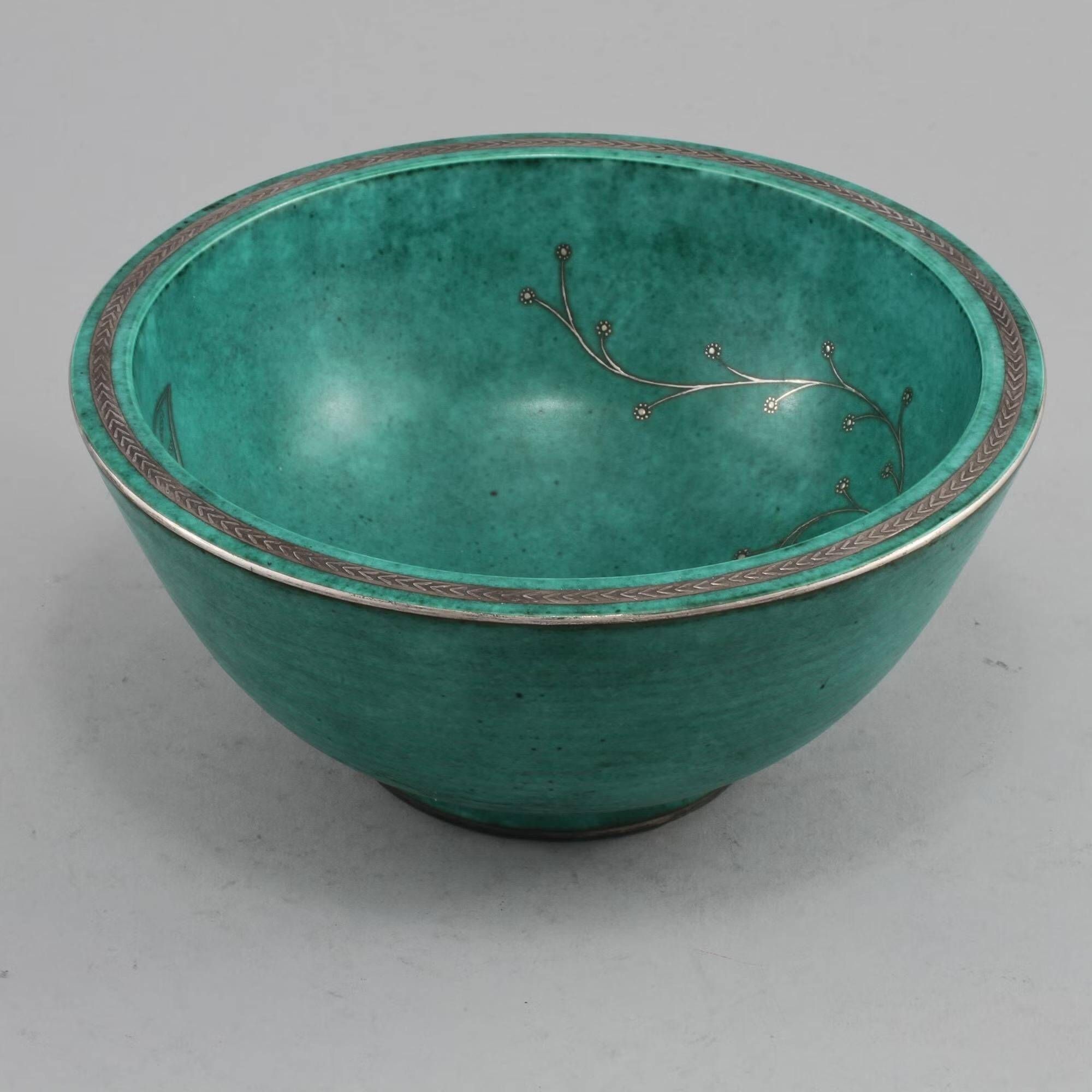 Bowl Wilhelm Kage in ceramic and silver 'Argenta' Gustavsberg Sweden 1940s Mark