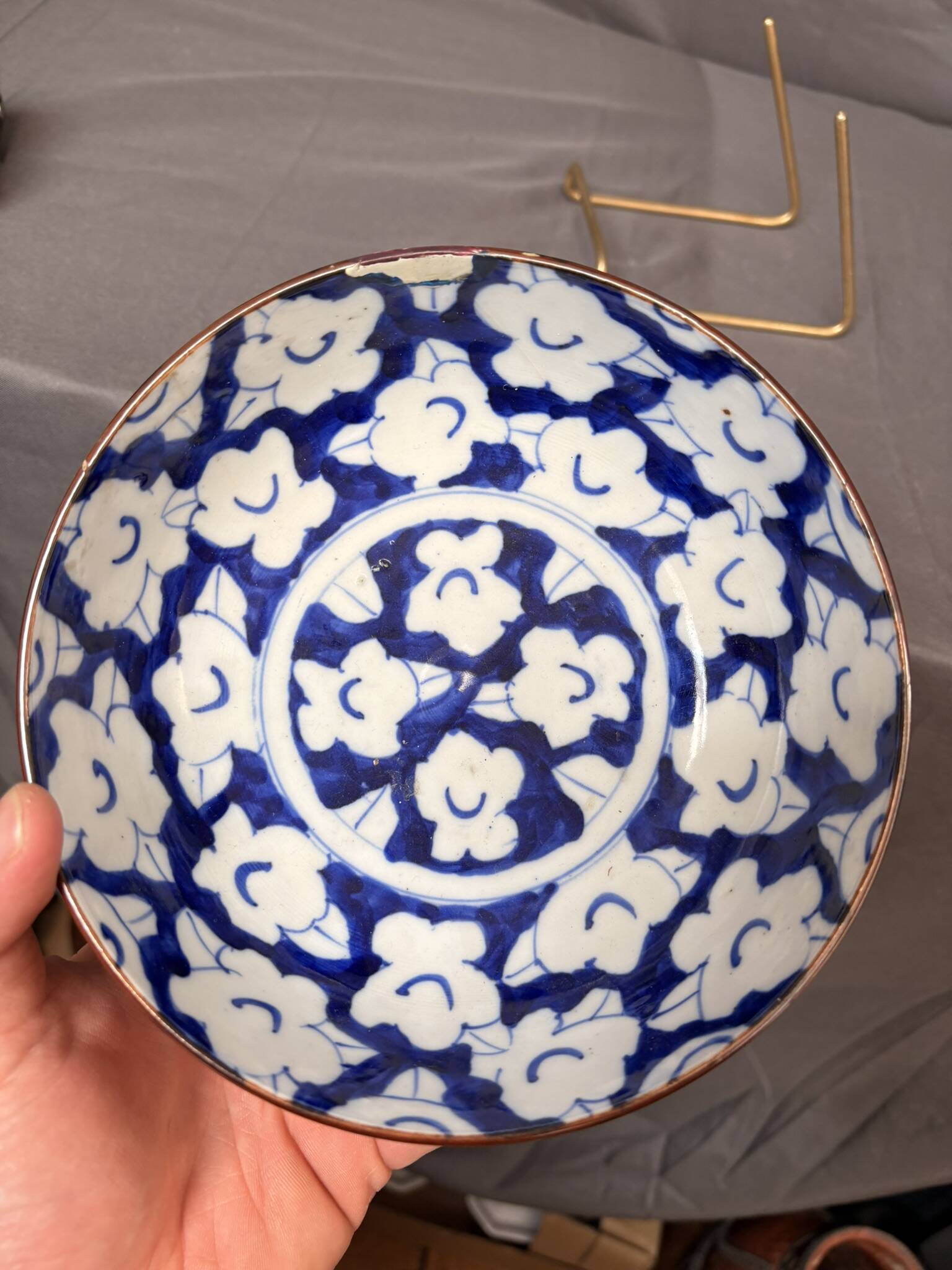 Antique Japanese Ceramic Bowl Cherry Blossom Floral Blue 19th Century