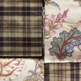 6 brown checkered table napkins with vintage flowers