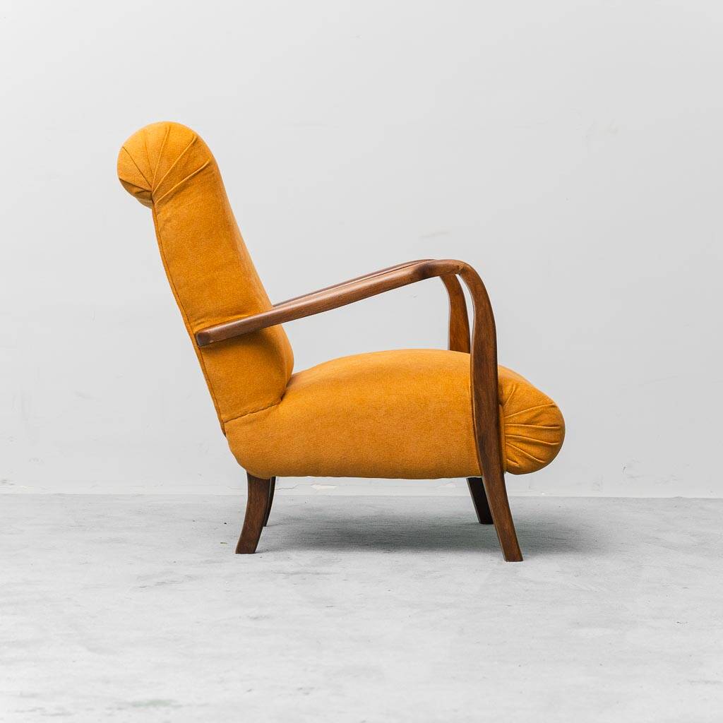 Scandinavian vintage armchair in orange fabric and wood, 1960s modernism