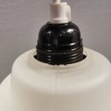 Lamp in white glass with teak top. It is Danish and estimated from the 1970s-1980s.