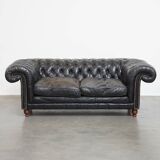 Canapé Chesterfield 2,5 places en cuir de vache noir de style anglais classique