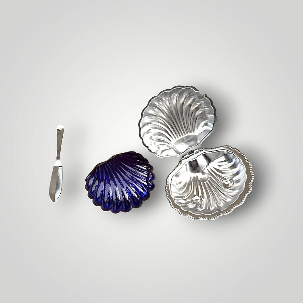 Vintage stainless steel and cobalt blue glass shell butter dish with box + knife