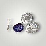 Vintage stainless steel and cobalt blue glass shell butter dish with box + knife