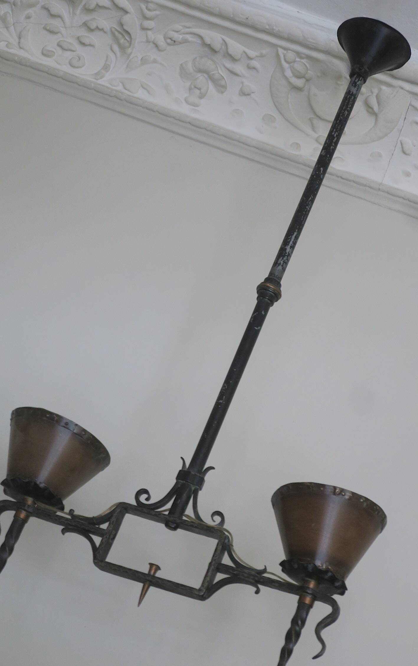 Brutalist wrought iron and copper 2-arm chandelier, 1960s