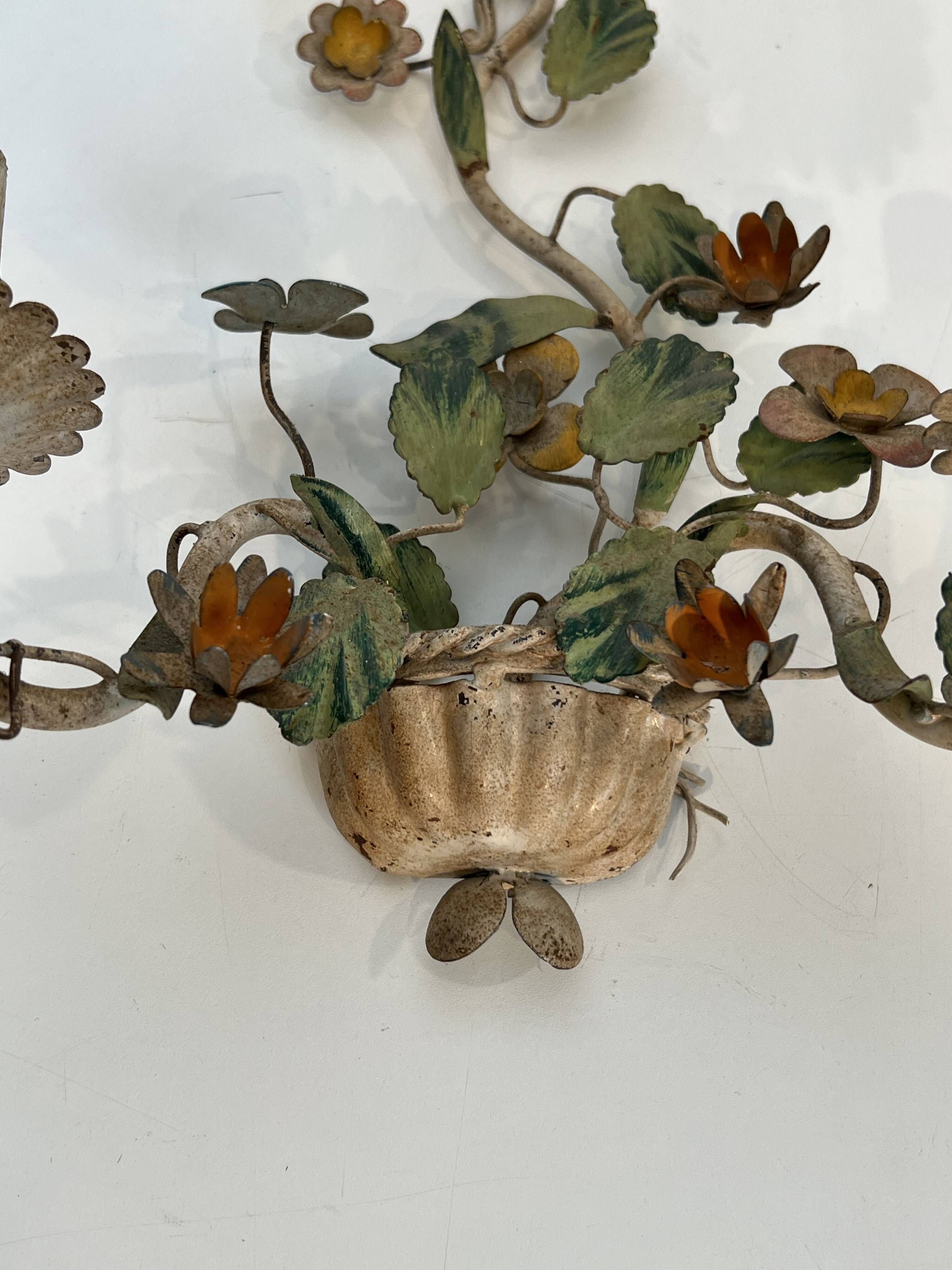Pair of Wall Lights with Floral Basket in Painted Sheet Metal. Italian Work. Circa 19.