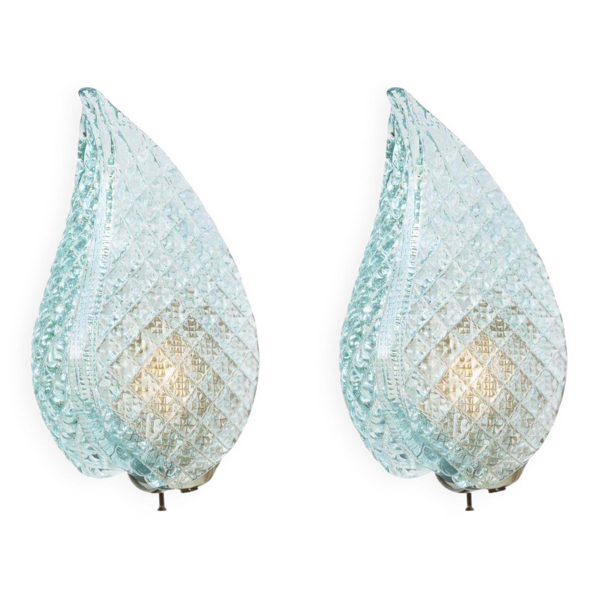 Set of 2 Rare Wall light Blue Jewel Murano Glass Leave by Barovier e Toso, 1950s