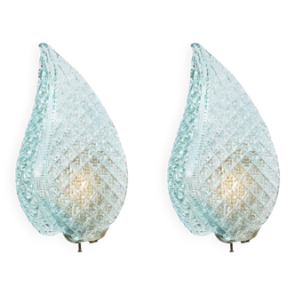 Set of 2 Rare Wall light Blue Jewel Murano Glass Leave by Barovier e Toso, 1950s